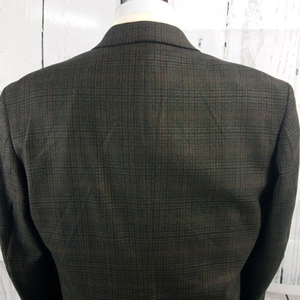 Oscar de la Renta 44R Lambswool Blend 2 Btn Brown Plaid Suit Blazer Sport Coat